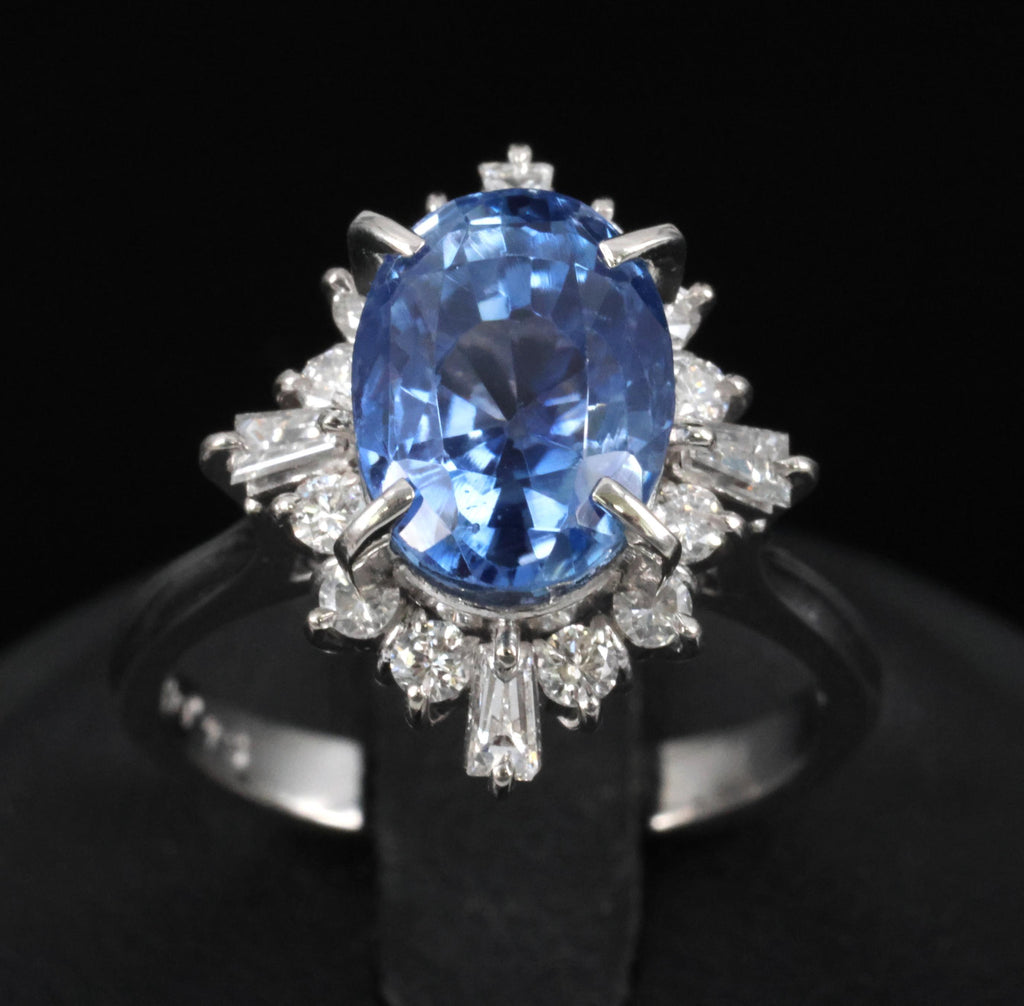 4.63ct GIA Ceylon No Heat Sapphire  & 0.53ct Diamond Halo Platinum Ring Size 6.5