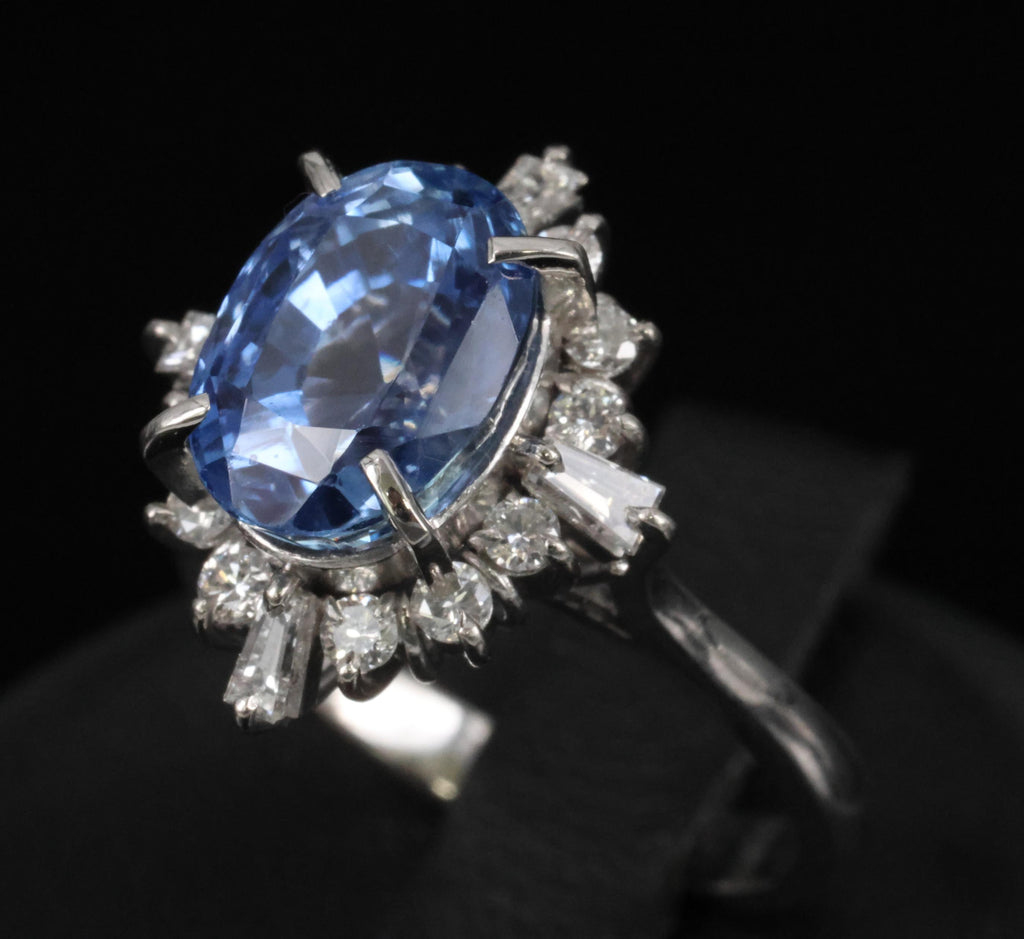 4.63ct GIA Ceylon No Heat Sapphire  & 0.53ct Diamond Halo Platinum Ring Size 6.5