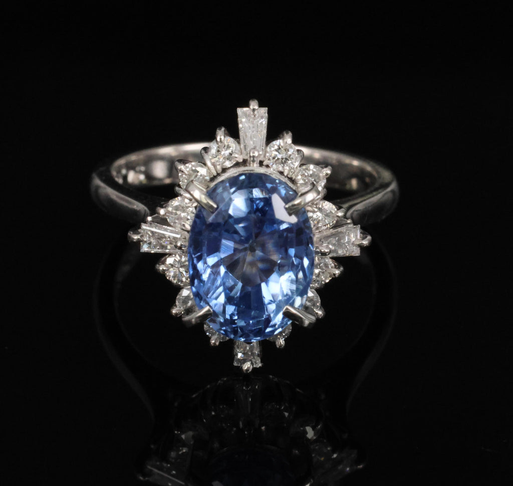 4.63ct GIA Ceylon No Heat Sapphire  & 0.53ct Diamond Halo Platinum Ring Size 6.5