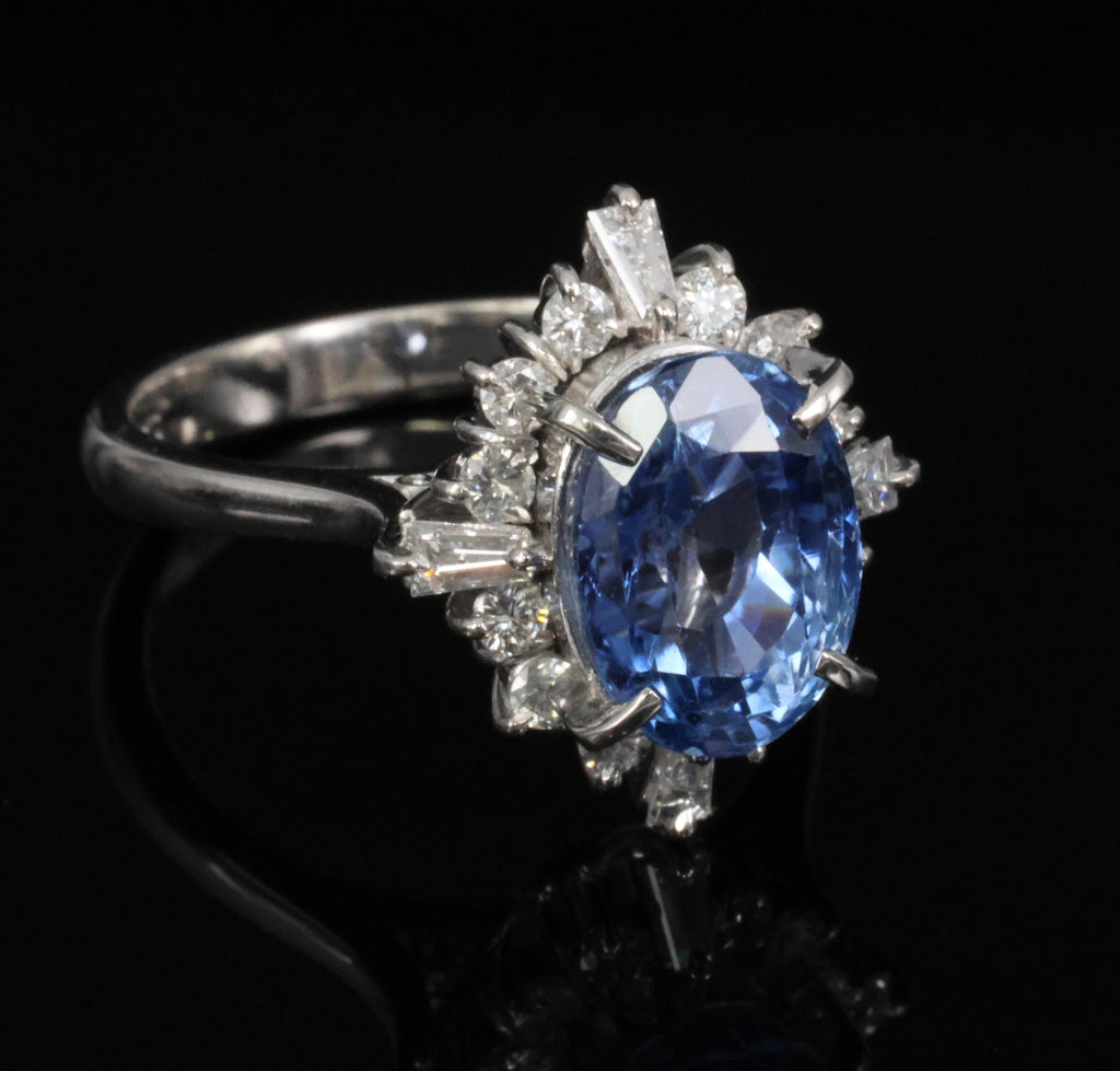 4.63ct GIA Ceylon No Heat Sapphire  & 0.53ct Diamond Halo Platinum Ring Size 6.5