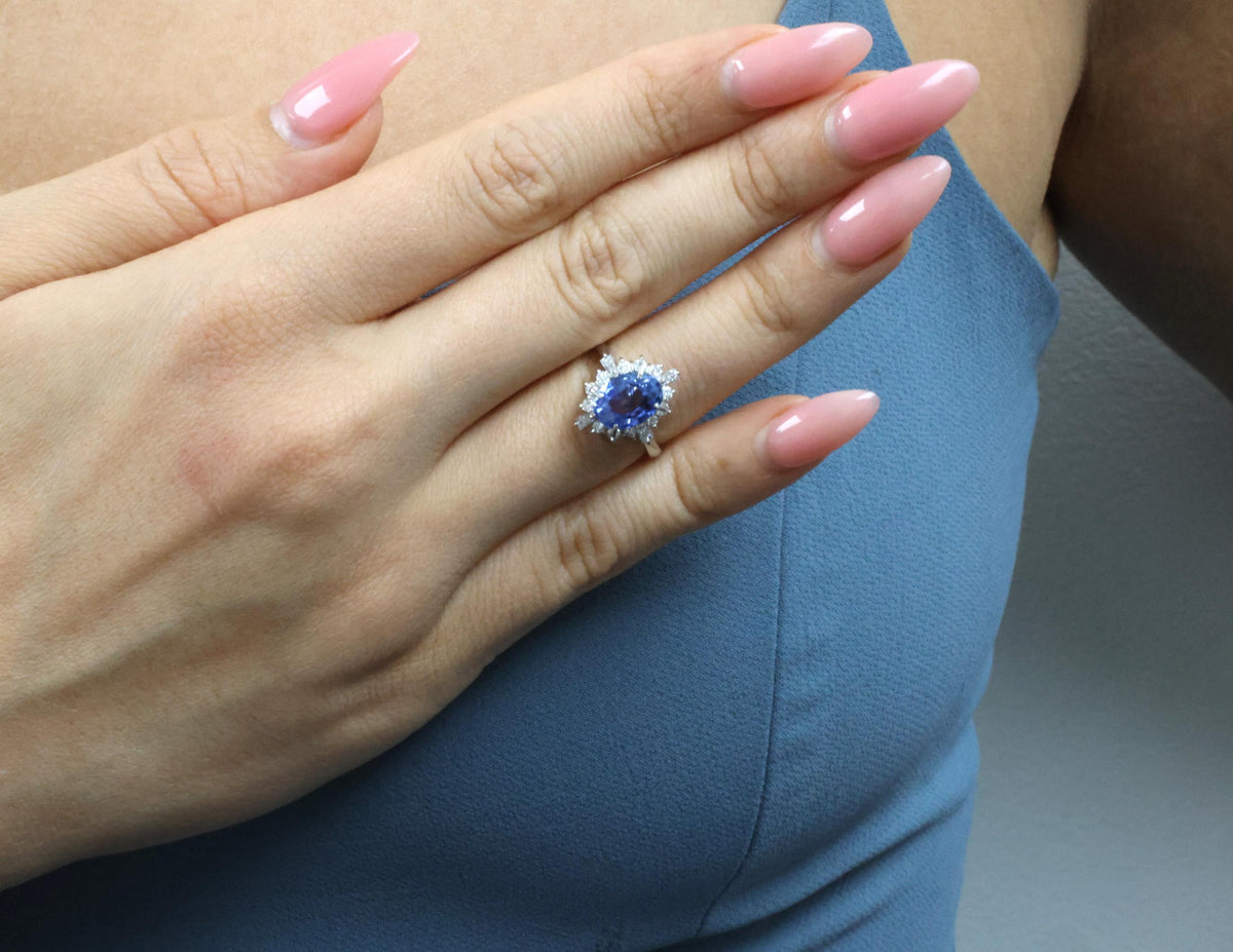4.63ct GIA Ceylon No Heat Sapphire  & 0.53ct Diamond Halo Platinum Ring Size 6.5