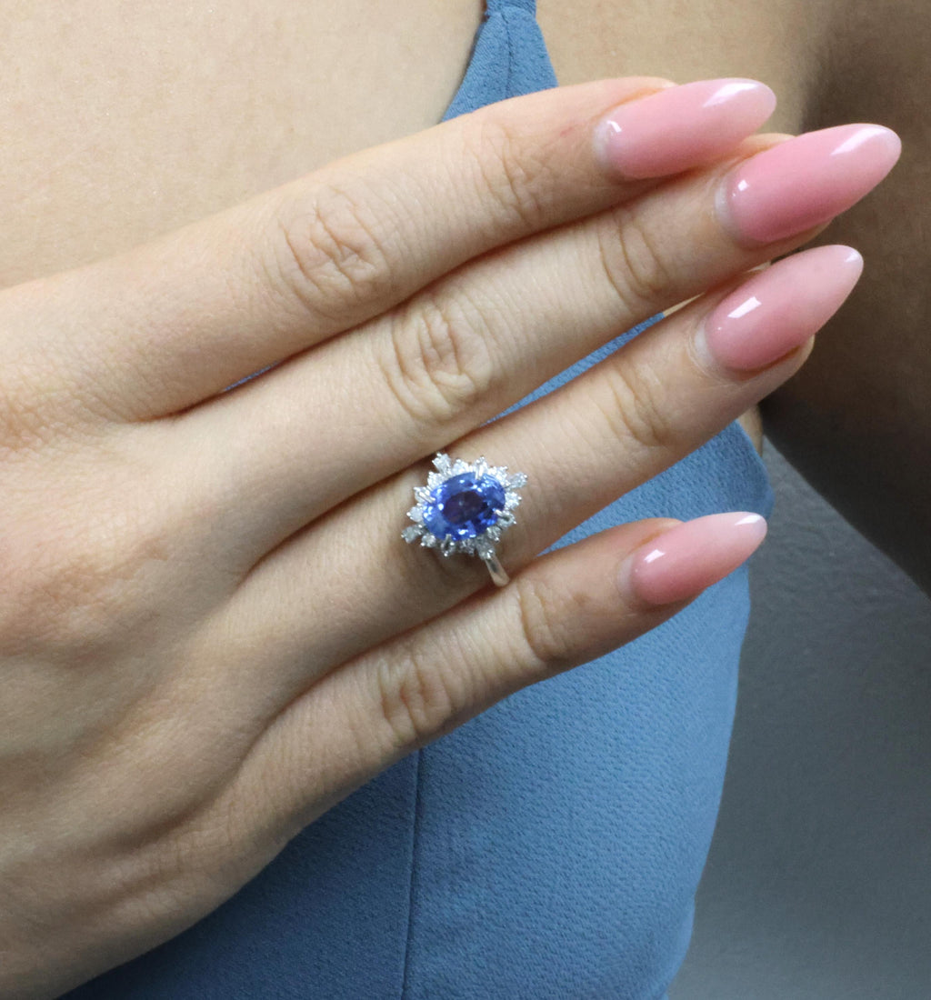 4.63ct GIA Ceylon No Heat Sapphire  & 0.53ct Diamond Halo Platinum Ring Size 6.5