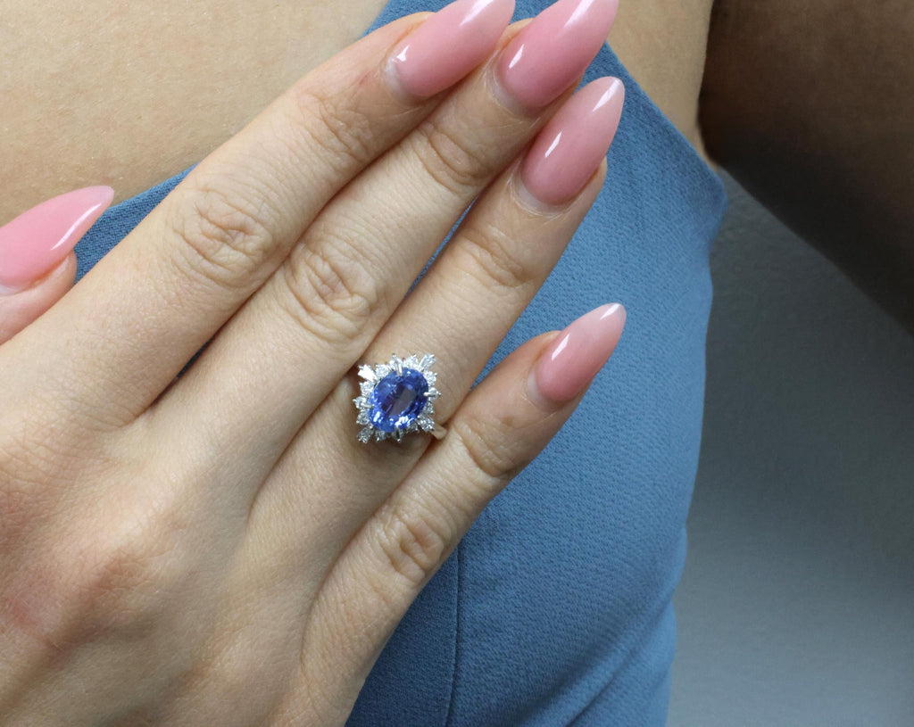 4.63ct GIA Ceylon No Heat Sapphire  & 0.53ct Diamond Halo Platinum Ring Size 6.5