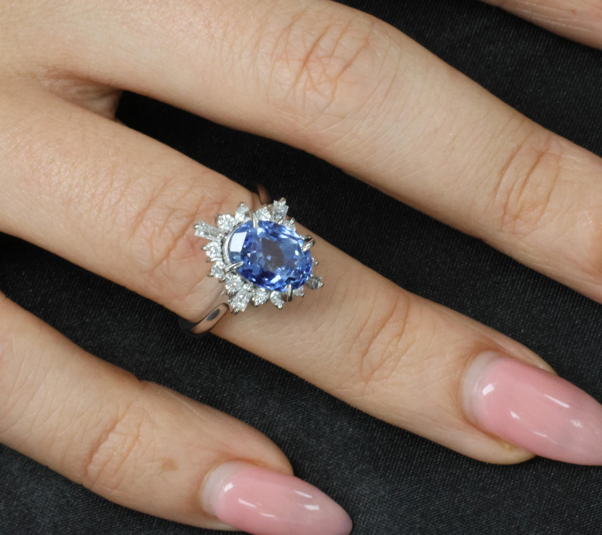 4.63ct GIA Ceylon No Heat Sapphire  & 0.53ct Diamond Halo Platinum Ring Size 6.5