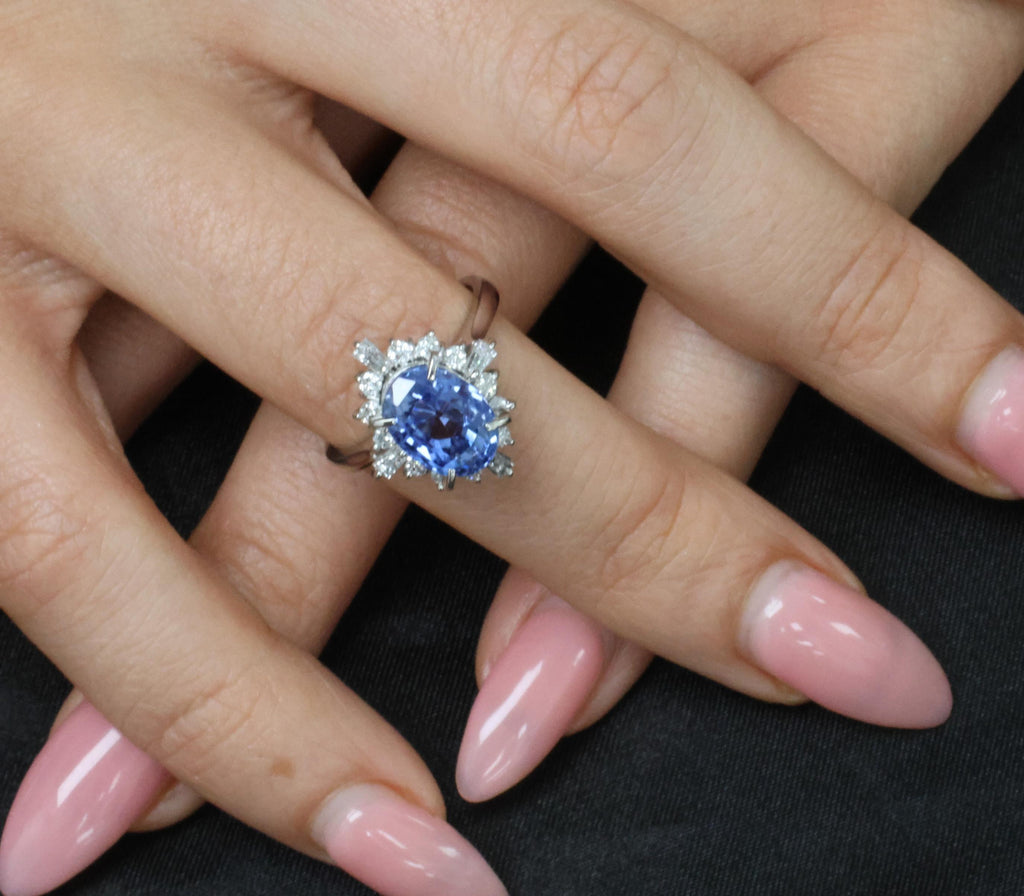 4.63ct GIA Ceylon No Heat Sapphire  & 0.53ct Diamond Halo Platinum Ring Size 6.5