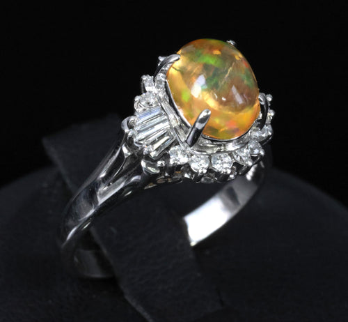 1.17ct Natural Mexican Fire Opal & 0.30ct Diamond Halo Platinum Ring, Size 5.75