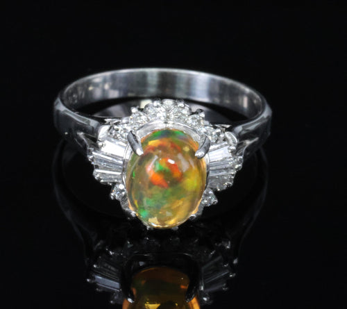 1.17ct Natural Mexican Fire Opal & 0.30ct Diamond Halo Platinum Ring, Size 5.75