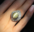 Fine 12.11ct Chrysoberyl Cat's Eye & 1.38ct Diamond Platinum Ring, Size 6