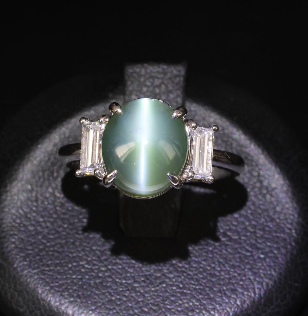 7.04ct GIA Natural Alexandrite Cats Eye & 0.68ct Diamond Platinum Ring, Size 6.5
