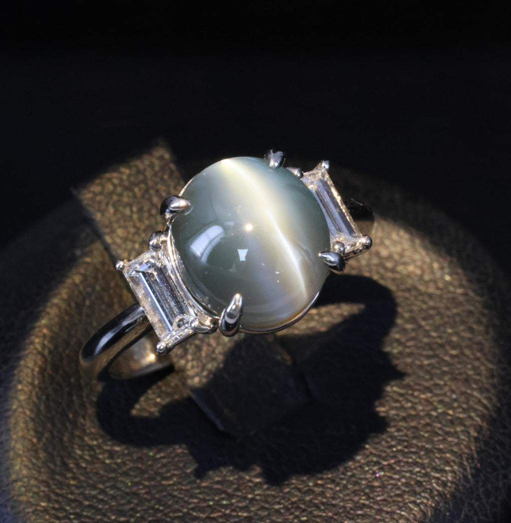 7.04ct GIA Natural Alexandrite Cats Eye & 0.68ct Diamond Platinum Ring, Size 6.5