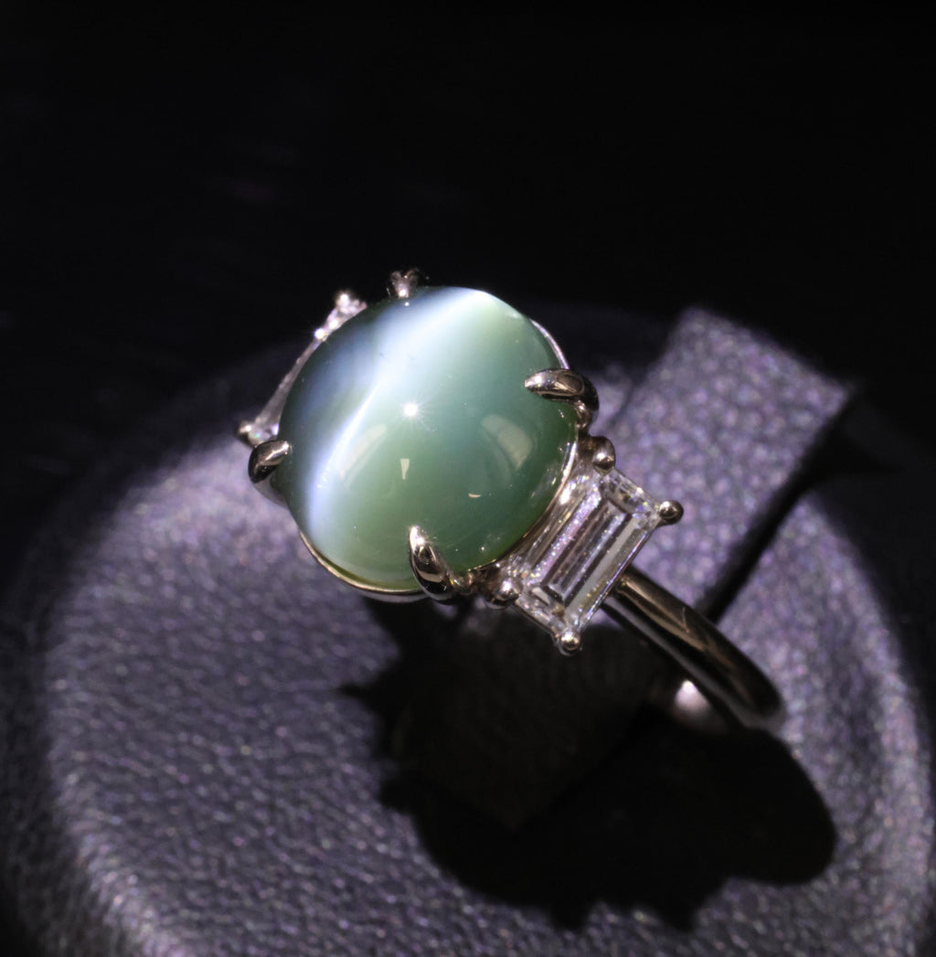 7.04ct GIA Natural Alexandrite Cats Eye & 0.68ct Diamond Platinum Ring, Size 6.5