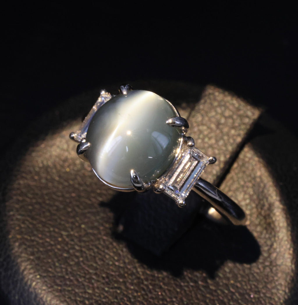 7.04ct GIA Natural Alexandrite Cats Eye & 0.68ct Diamond Platinum Ring, Size 6.5