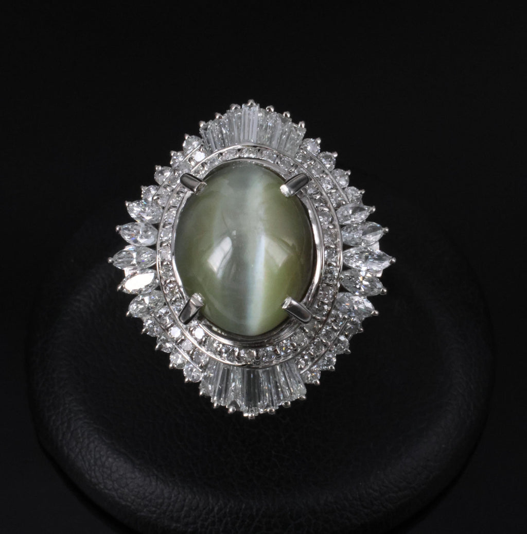Fine 12.11ct Chrysoberyl Cat's Eye & 1.38ct Diamond Platinum Ring, Size 6