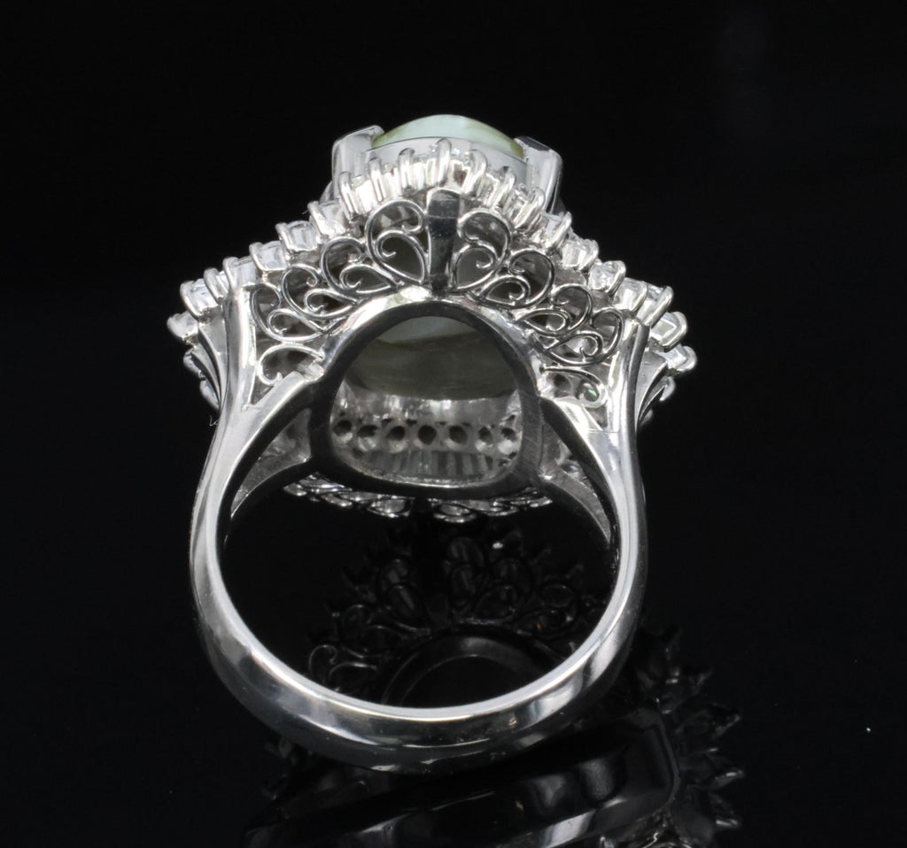 Fine 12.11ct Chrysoberyl Cat's Eye & 1.38ct Diamond Platinum Ring, Size 6