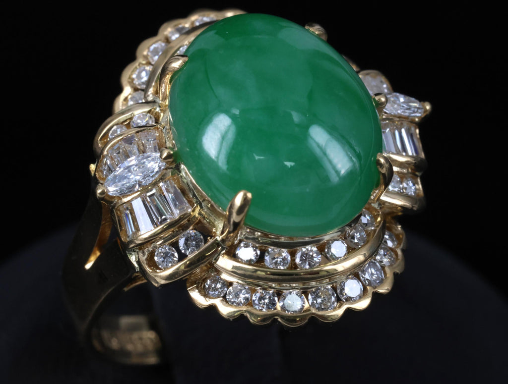 6.93ct Natural Green Jadeite Jade & 1.41ct Diamond 20K Yellow Gold Ring, Size 8