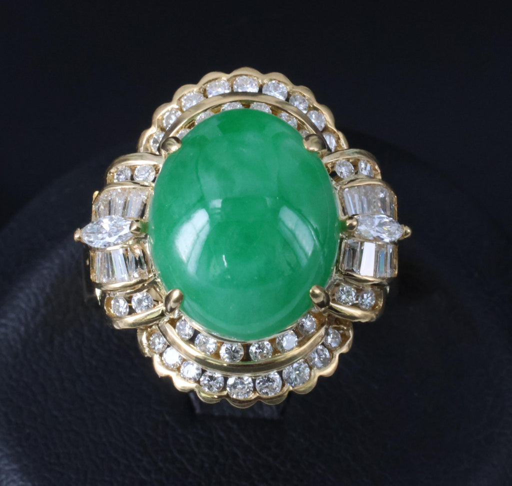 6.93ct Natural Green Jadeite Jade & 1.41ct Diamond 20K Yellow Gold Ring, Size 8