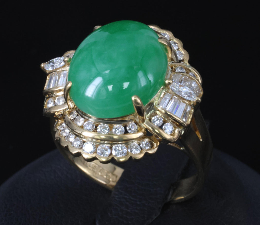 6.93ct Natural Green Jadeite Jade & 1.41ct Diamond 20K Yellow Gold Ring, Size 8