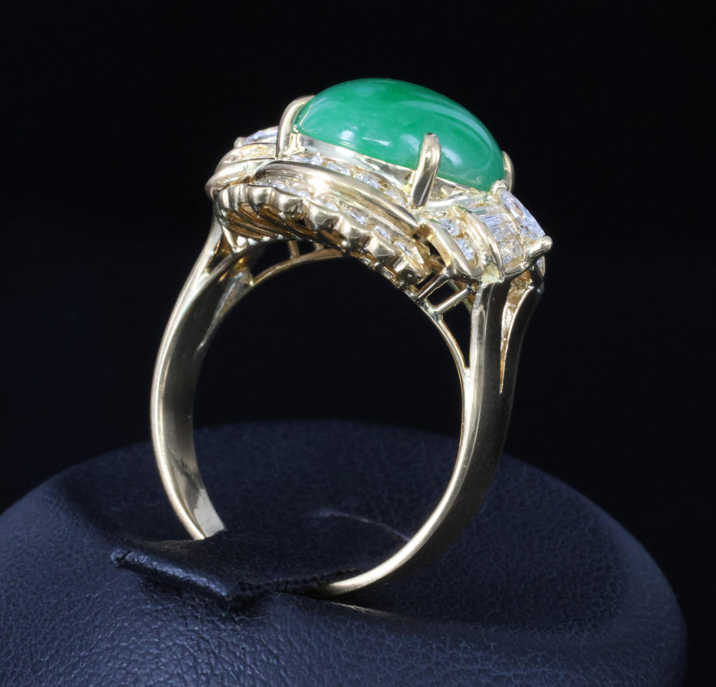 6.93ct Natural Green Jadeite Jade & 1.41ct Diamond 20K Yellow Gold Ring, Size 8