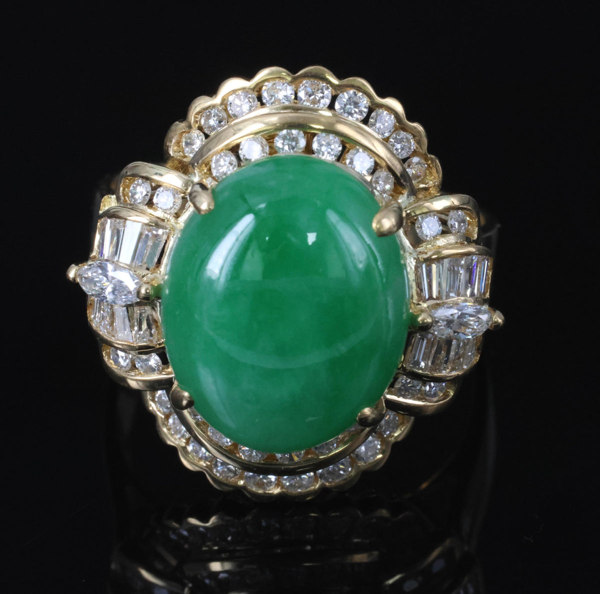 6.93ct Natural Green Jadeite Jade & 1.41ct Diamond 20K Yellow Gold Ring, Size 8