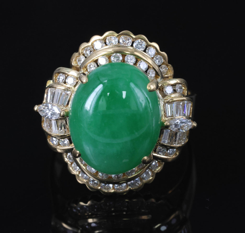 6.93ct Natural Green Jadeite Jade & 1.41ct Diamond 20K Yellow Gold Ring, Size 8