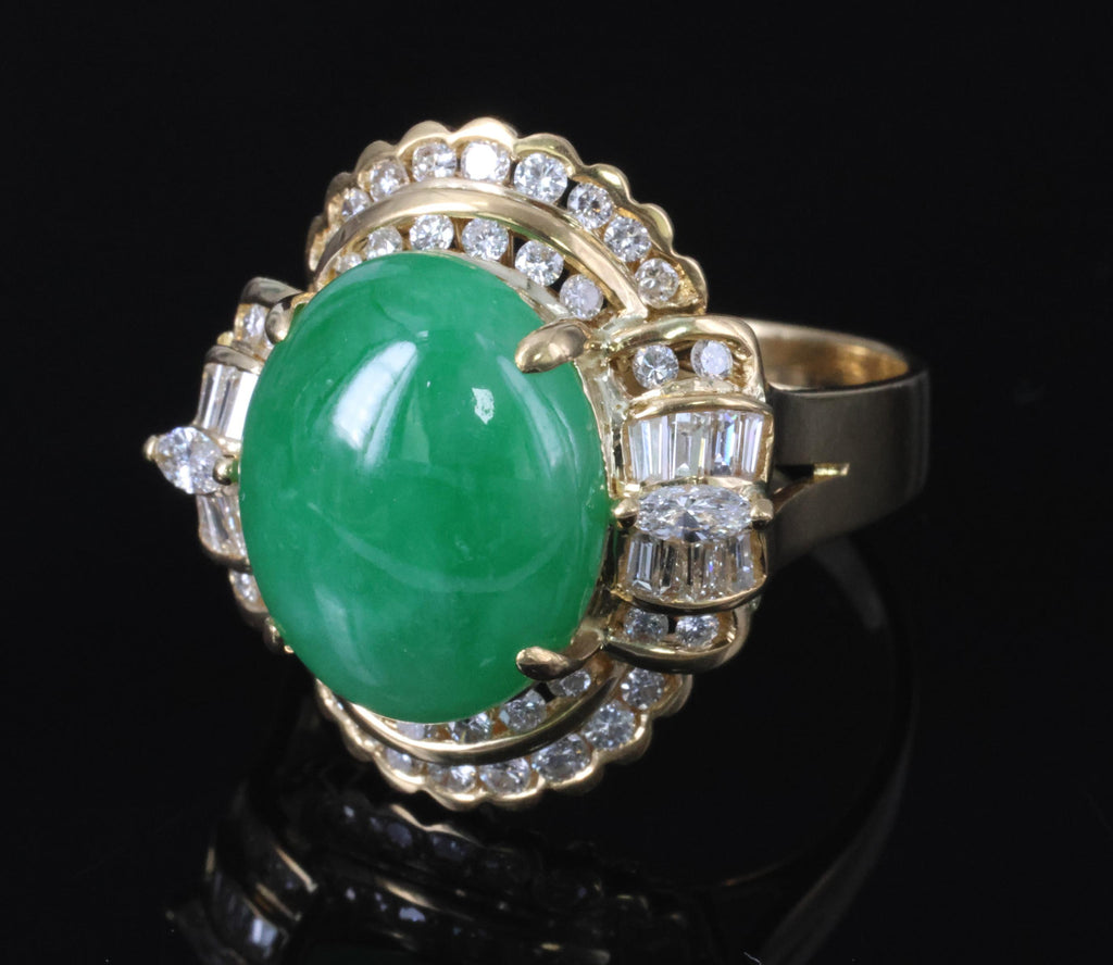 6.93ct Natural Green Jadeite Jade & 1.41ct Diamond 20K Yellow Gold Ring, Size 8