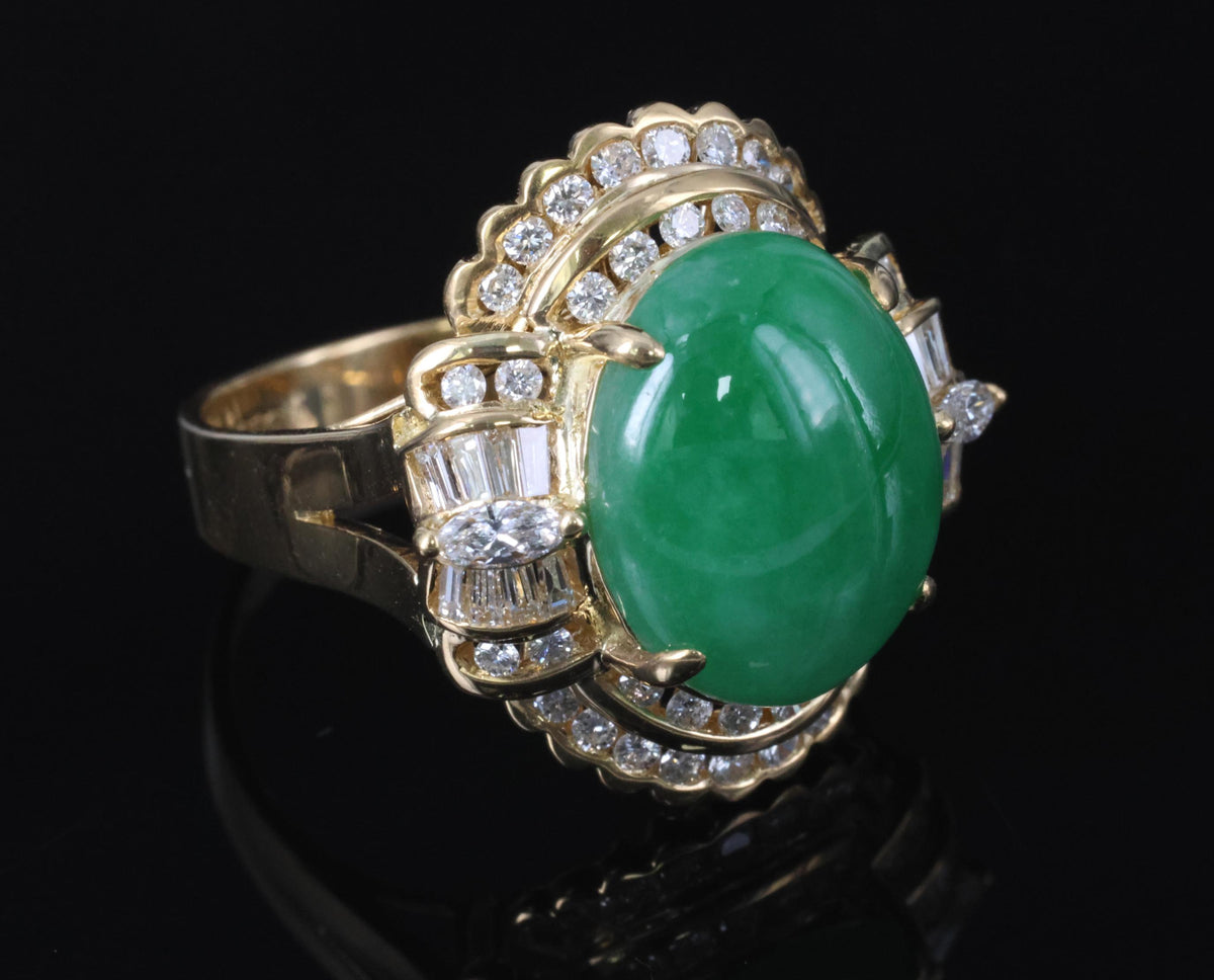 6.93ct Natural Green Jadeite Jade & 1.41ct Diamond 20K Yellow Gold Ring, Size 8