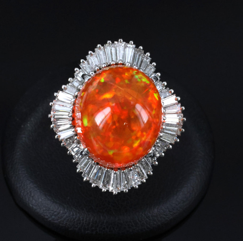 RARE 22.23ct Natural Mexican Fire Opal & 2.18ct Diamond Platinum Ring, Size 6.25