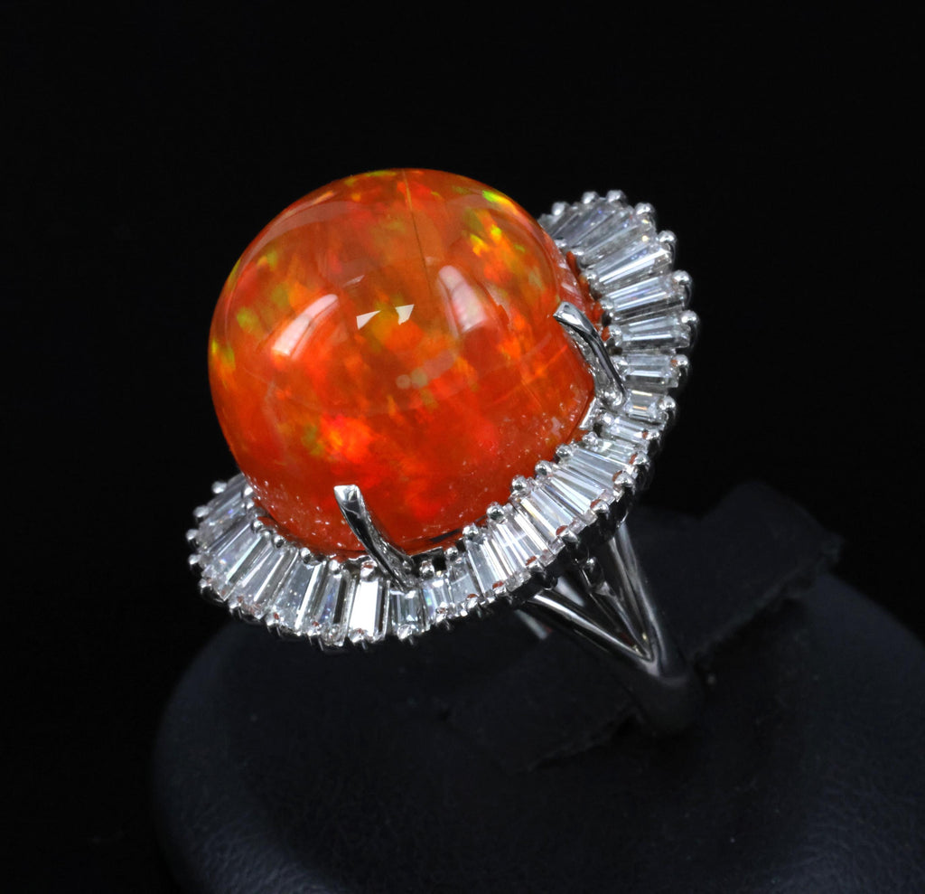 RARE 22.23ct Natural Mexican Fire Opal & 2.18ct Diamond Platinum Ring, Size 6.25