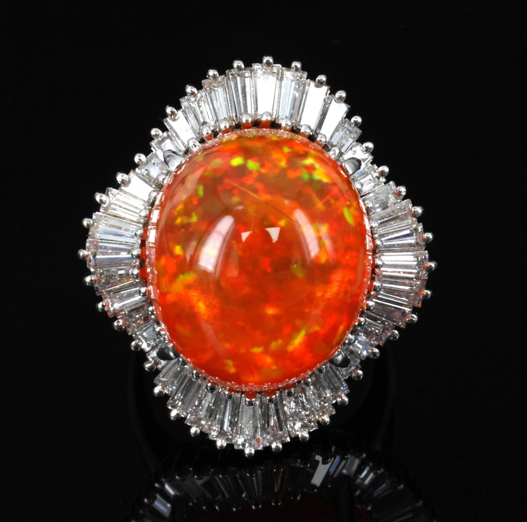 RARE 22.23ct Natural Mexican Fire Opal & 2.18ct Diamond Platinum Ring, Size 6.25