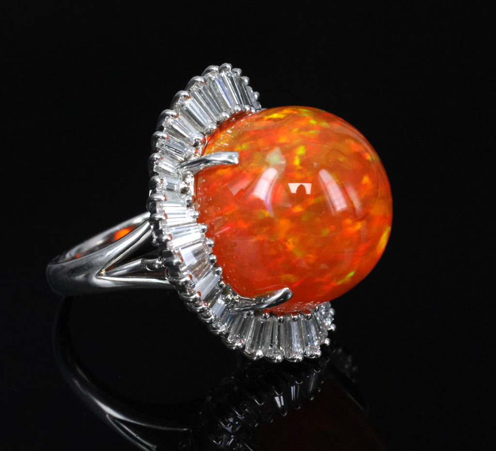 RARE 22.23ct Natural Mexican Fire Opal & 2.18ct Diamond Platinum Ring, Size 6.25