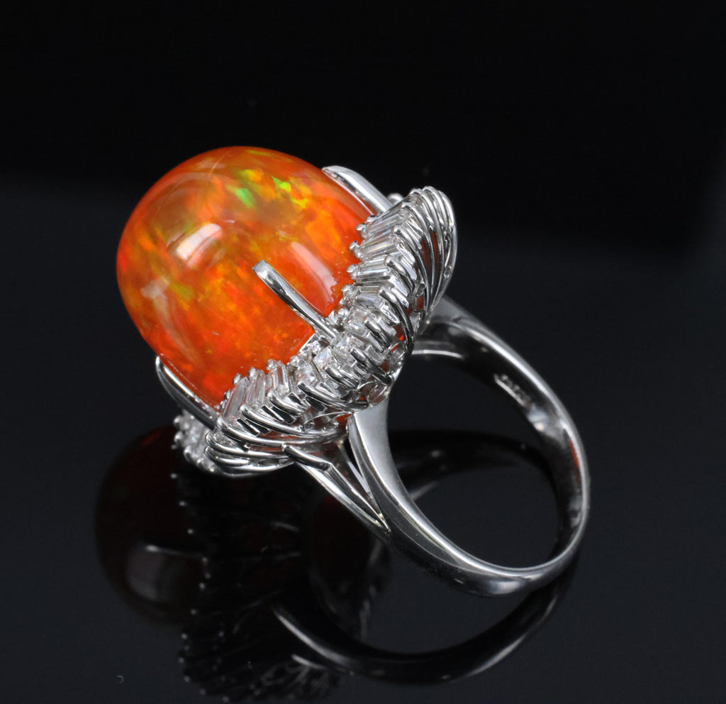 RARE 22.23ct Natural Mexican Fire Opal & 2.18ct Diamond Platinum Ring, Size 6.25