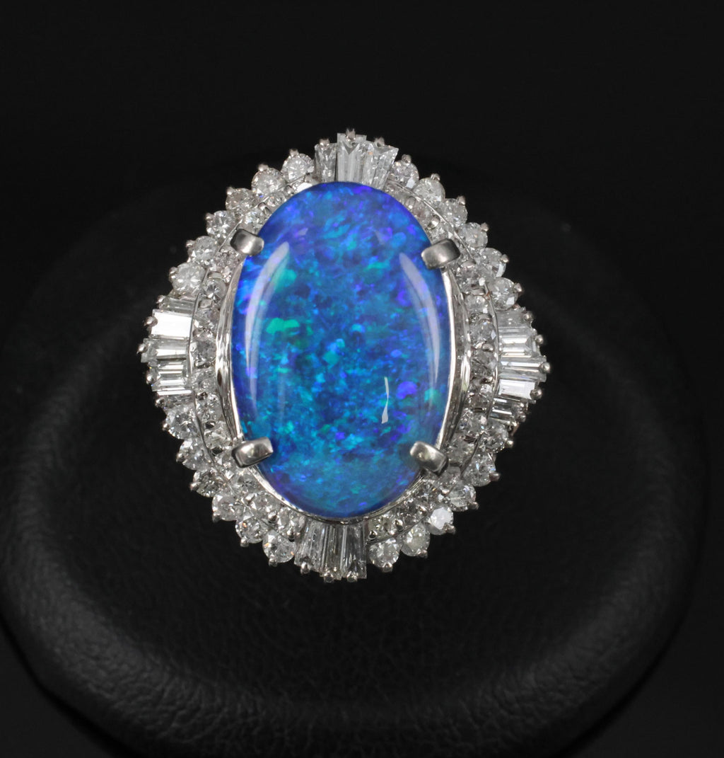 RARE!!! 7.18ct Natural Black Crystal Opal & 1.40ct Diamond Platinum Ring, Size 6