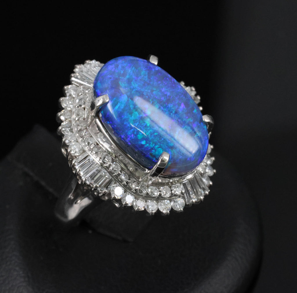 RARE!!! 7.18ct Natural Black Crystal Opal & 1.40ct Diamond Platinum Ring, Size 6