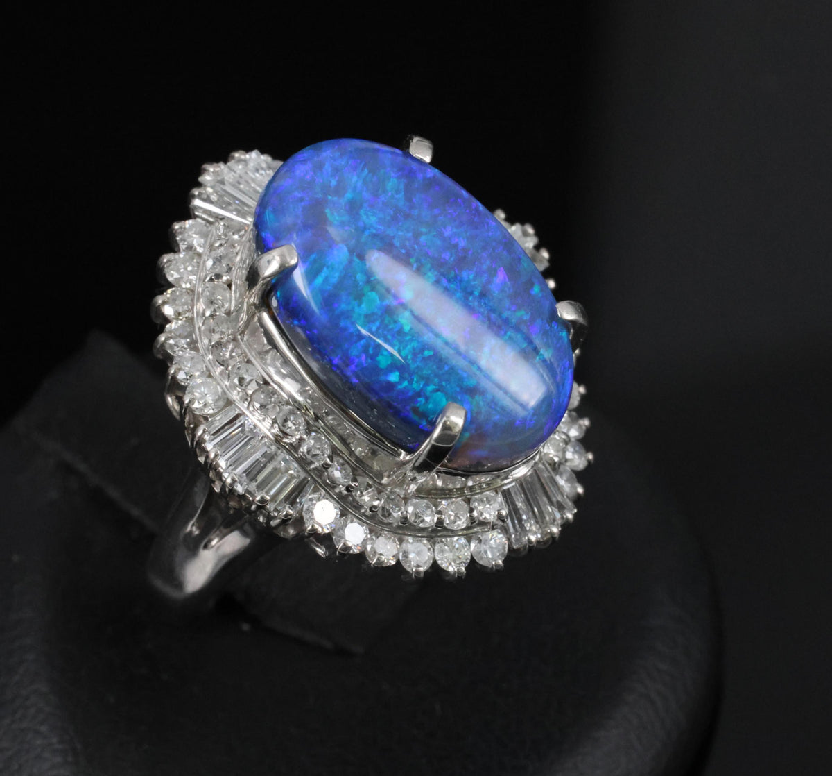 RARE!!! 7.18ct Natural Black Crystal Opal & 1.40ct Diamond Platinum Ring, Size 6