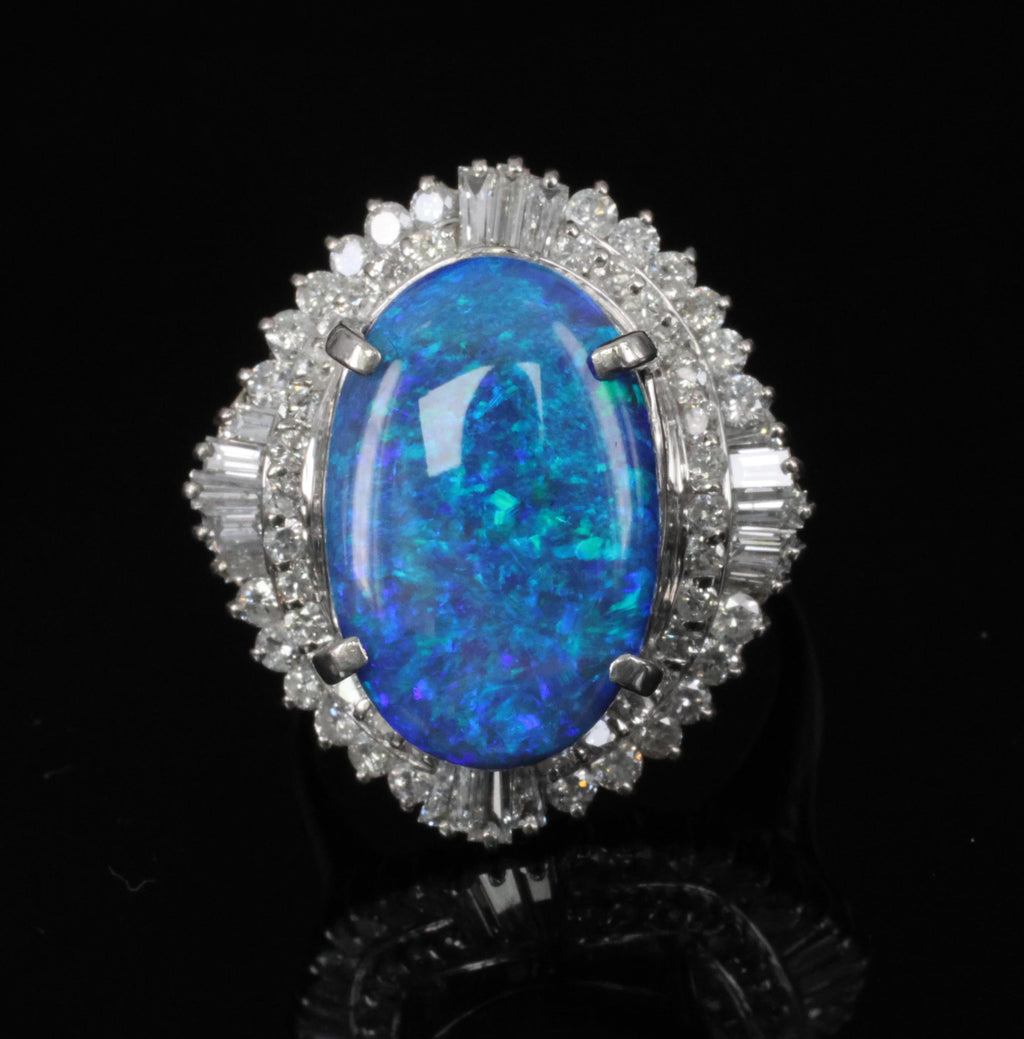 RARE!!! 7.18ct Natural Black Crystal Opal & 1.40ct Diamond Platinum Ring, Size 6