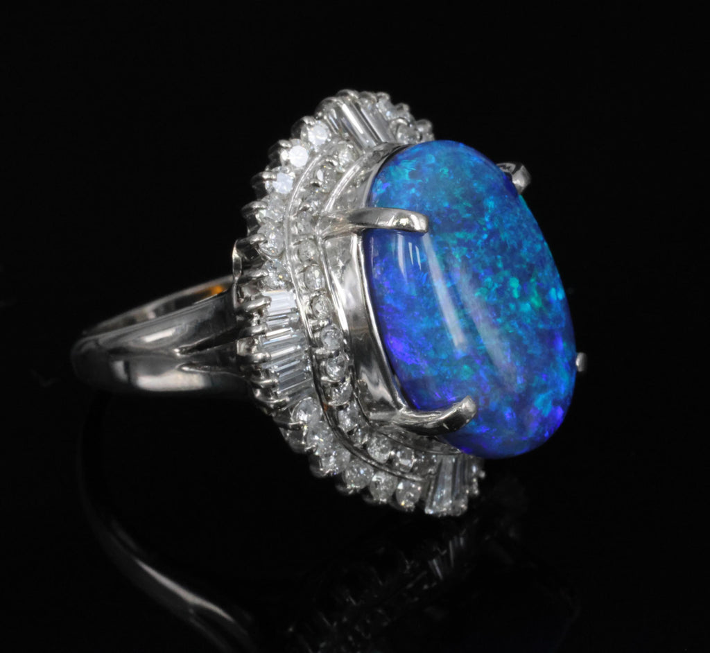 RARE!!! 7.18ct Natural Black Crystal Opal & 1.40ct Diamond Platinum Ring, Size 6
