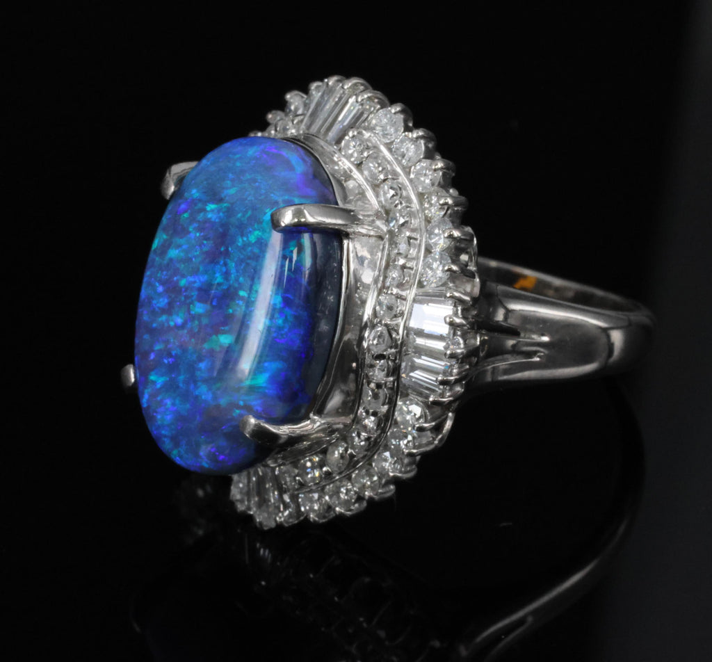 RARE!!! 7.18ct Natural Black Crystal Opal & 1.40ct Diamond Platinum Ring, Size 6