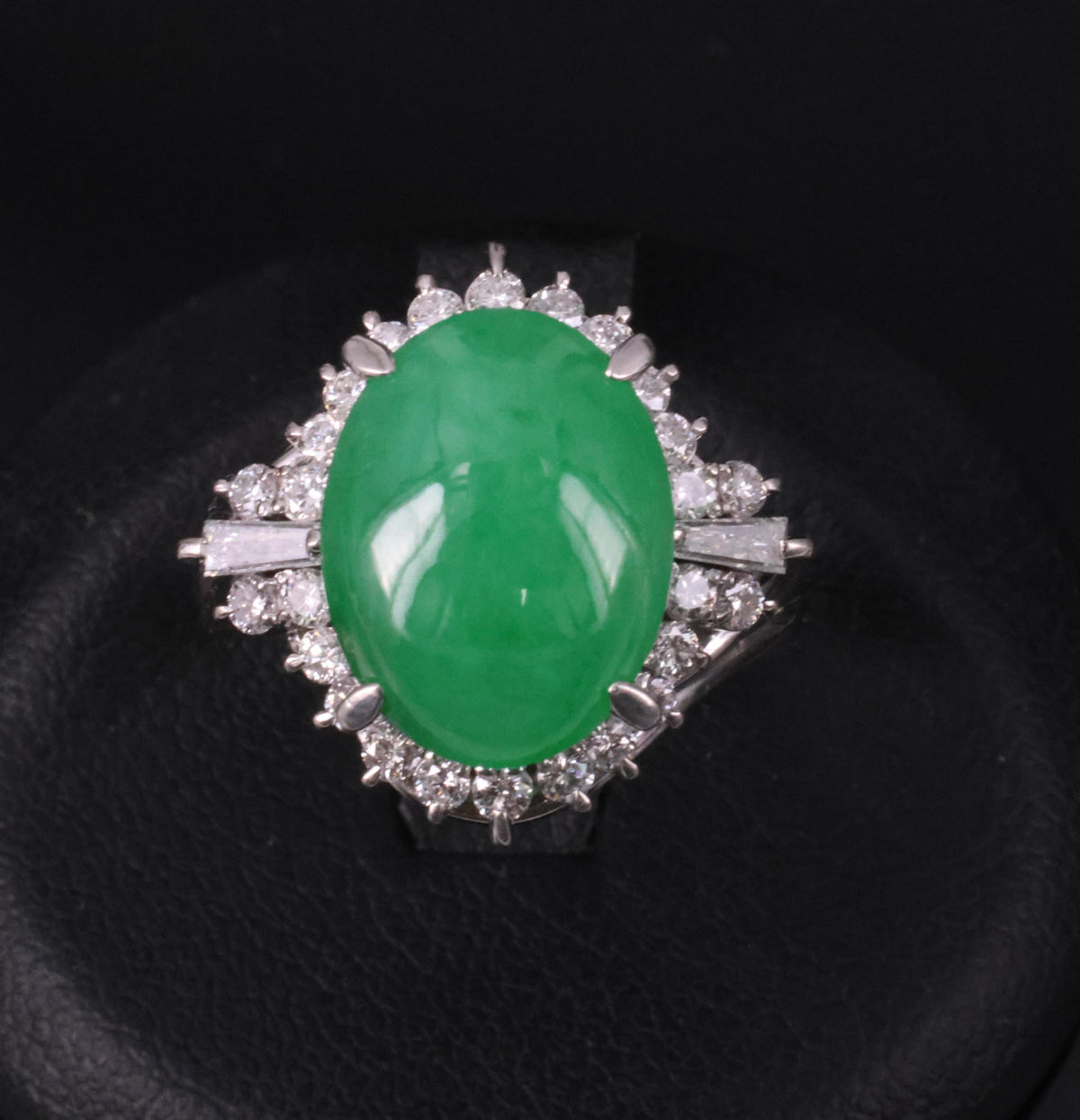 6.17ct Natural Apple Green Jadeite Jade & 0.64ct Diamond Platinum Ring, Size 6.5