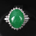 6.17ct Natural Apple Green Jadeite Jade & 0.64ct Diamond Platinum Ring, Size 6.5