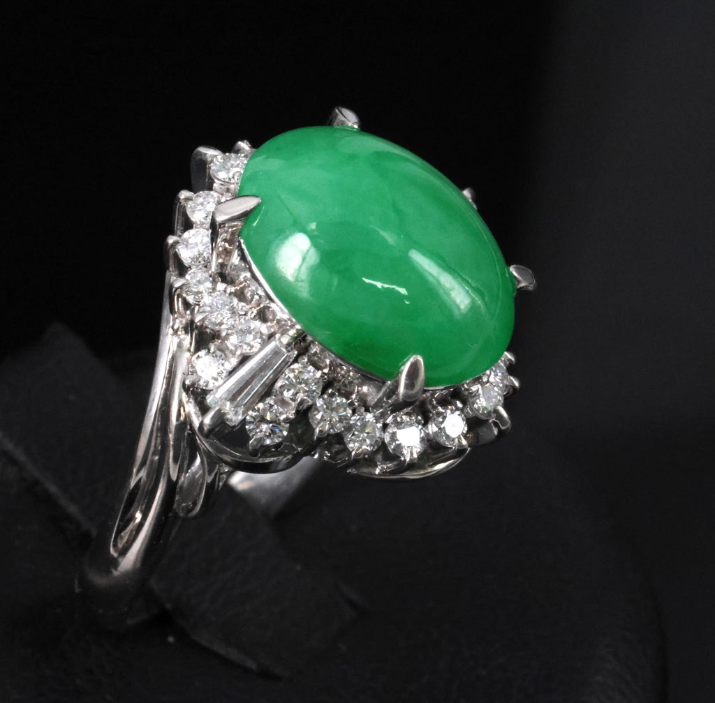 6.17ct Natural Apple Green Jadeite Jade & 0.64ct Diamond Platinum Ring, Size 6.5