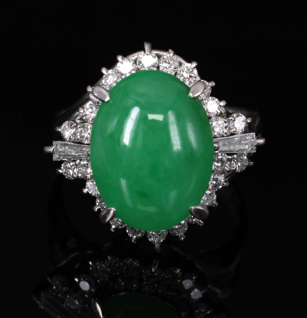 6.17ct Natural Apple Green Jadeite Jade & 0.64ct Diamond Platinum Ring, Size 6.5