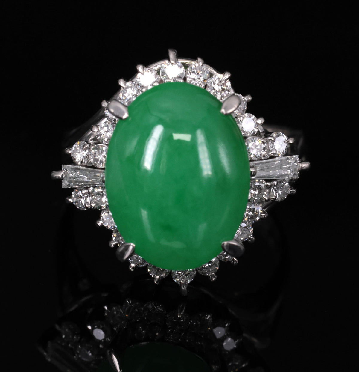 6.17ct Natural Apple Green Jadeite Jade & 0.64ct Diamond Platinum Ring, Size 6.5