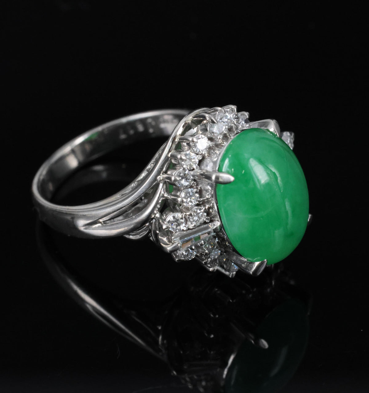 6.17ct Natural Apple Green Jadeite Jade & 0.64ct Diamond Platinum Ring, Size 6.5