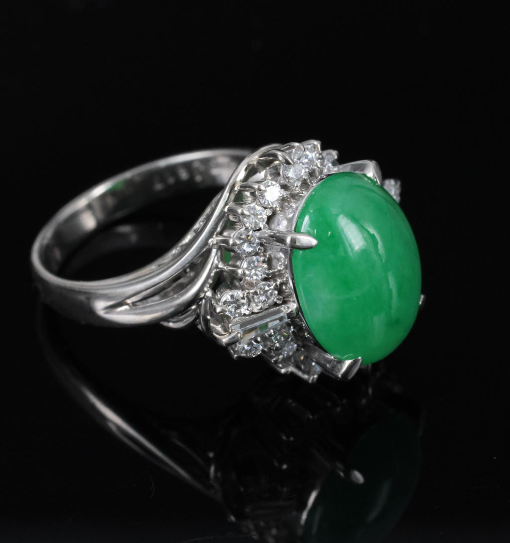 6.17ct Natural Apple Green Jadeite Jade & 0.64ct Diamond Platinum Ring, Size 6.5