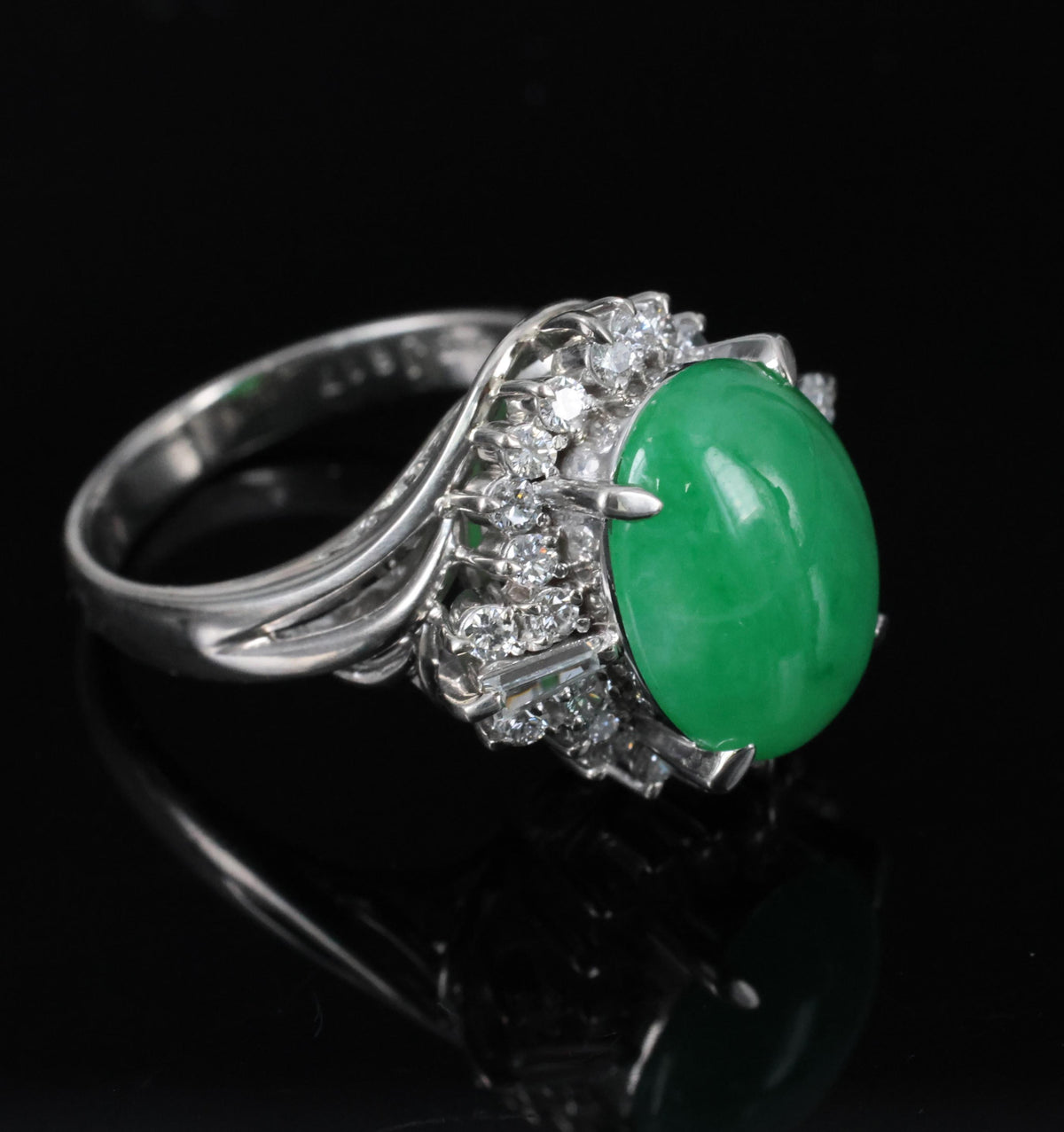 6.17ct Natural Apple Green Jadeite Jade & 0.64ct Diamond Platinum Ring, Size 6.5