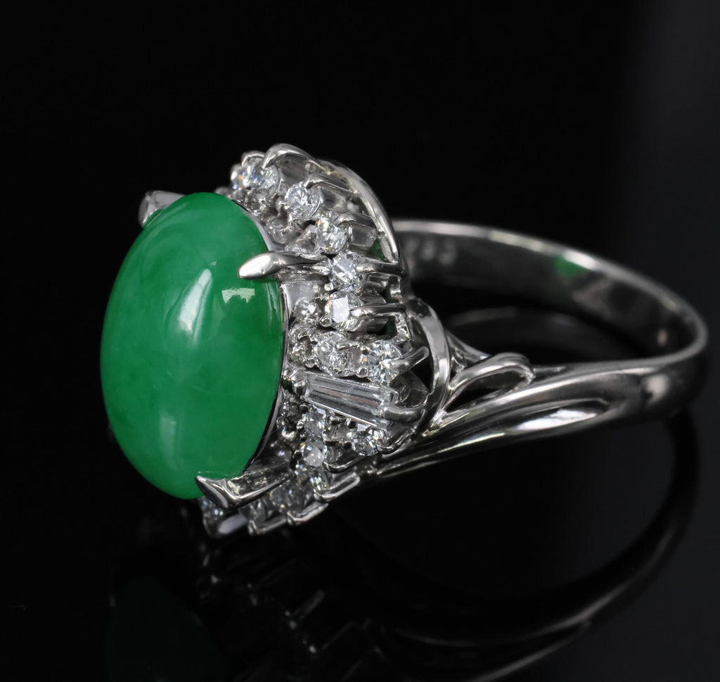 6.17ct Natural Apple Green Jadeite Jade & 0.64ct Diamond Platinum Ring, Size 6.5