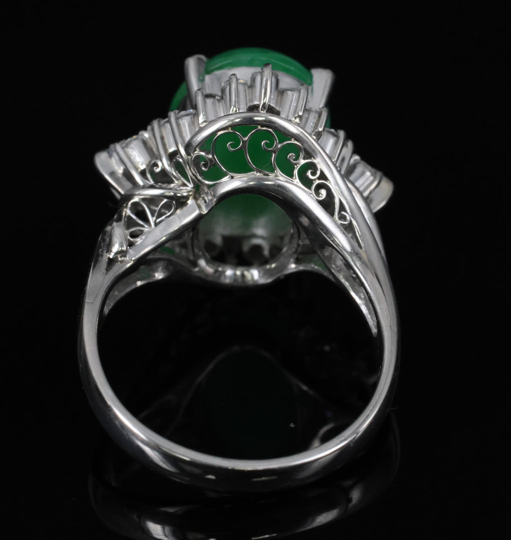 6.17ct Natural Apple Green Jadeite Jade & 0.64ct Diamond Platinum Ring, Size 6.5