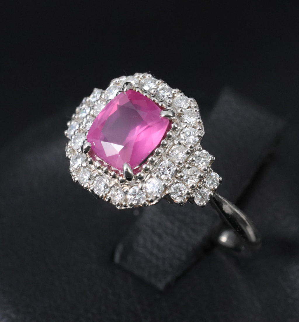 Rare 1.31ct GIA No Heat Pink Sapphire & 0.47ct Diamond Platinum Ring, Size 6.25