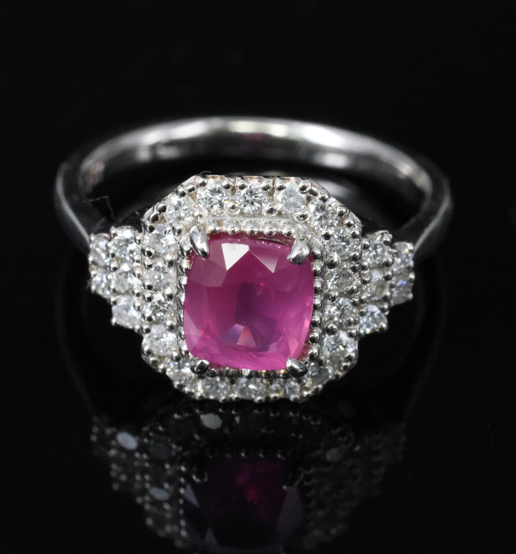 Rare 1.31ct GIA No Heat Pink Sapphire & 0.47ct Diamond Platinum Ring, Size 6.25