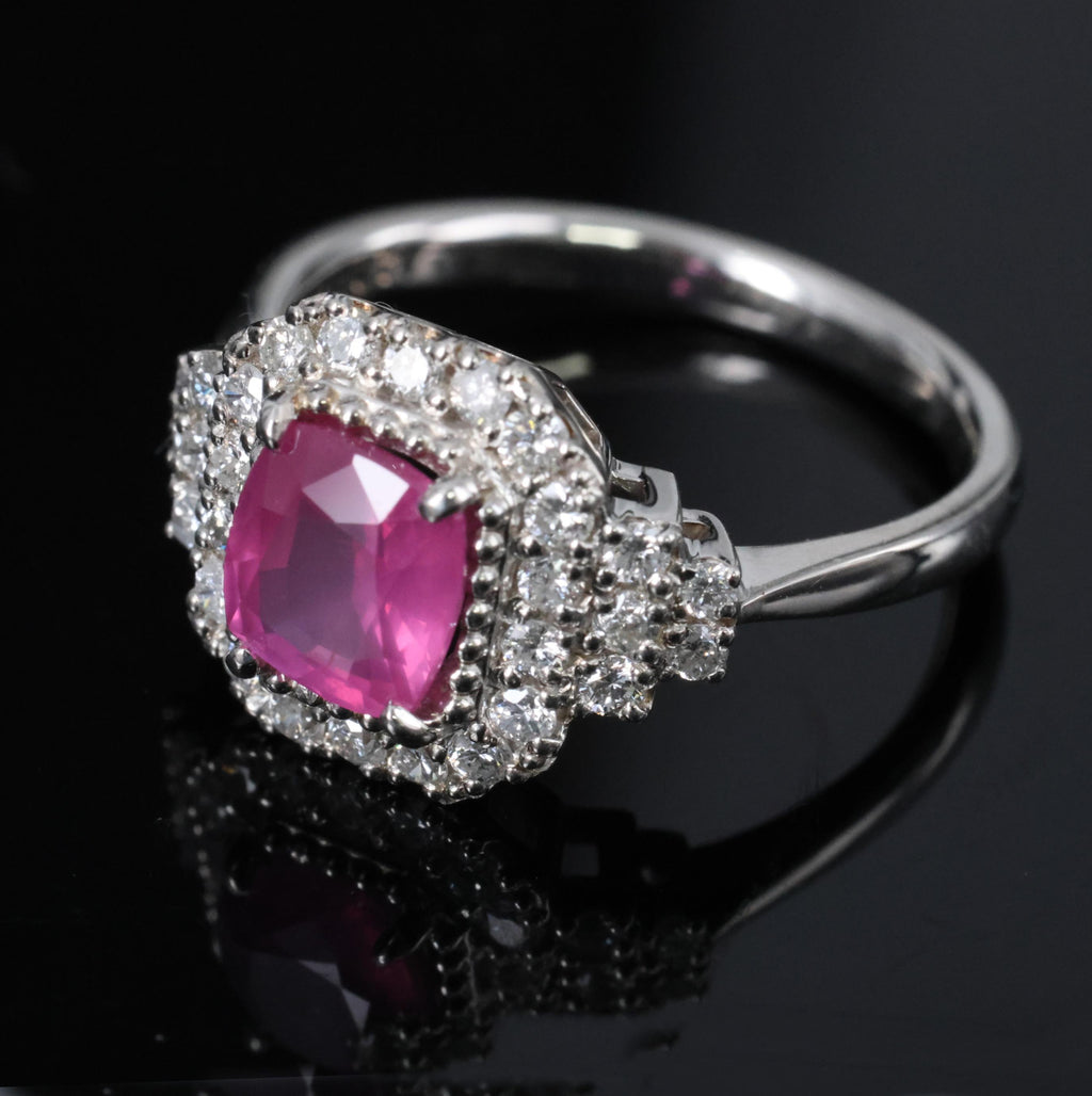 Rare 1.31ct GIA No Heat Pink Sapphire & 0.47ct Diamond Platinum Ring, Size 6.25